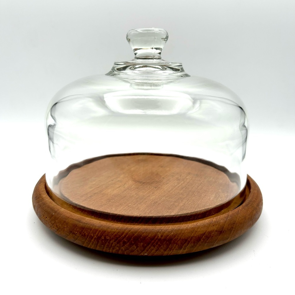 Clear Glass Dome Cake Stand with Wooden Base - Rustic Brown